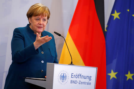 German Chancellor Angela Merkel attends the opening ceremony of the new Bundesnachrichtendienst (BND), Germany's Federal Intelligence Service, headquarter in Berlin, Germany, February 8, 2019. REUTERS/Axel Schmidt