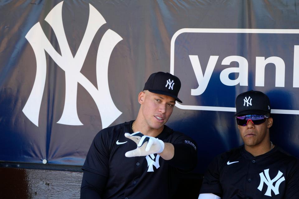 Aaron Judge and Juan Soto during a spring training workout in Tampa.