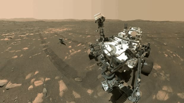 NASA’s Perseverance Mars rover took a selfie with the Ingenuity helicopter, seen here about 3.9 metres from the rover in this image taken April 6, the 46th Martian day, or sol, of the mission.