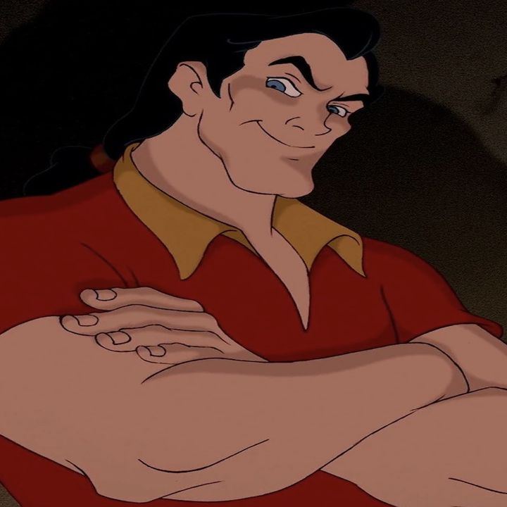 Gaston in the animated movie with his red shirt and bulging muscles