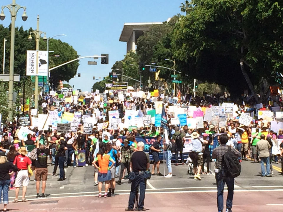 A crowd of science supporters marched through downtown Los Angeles on April 22, 2017 for the March for Science Los Angeles. <cite>Calla Cofield/Space.com</cite>