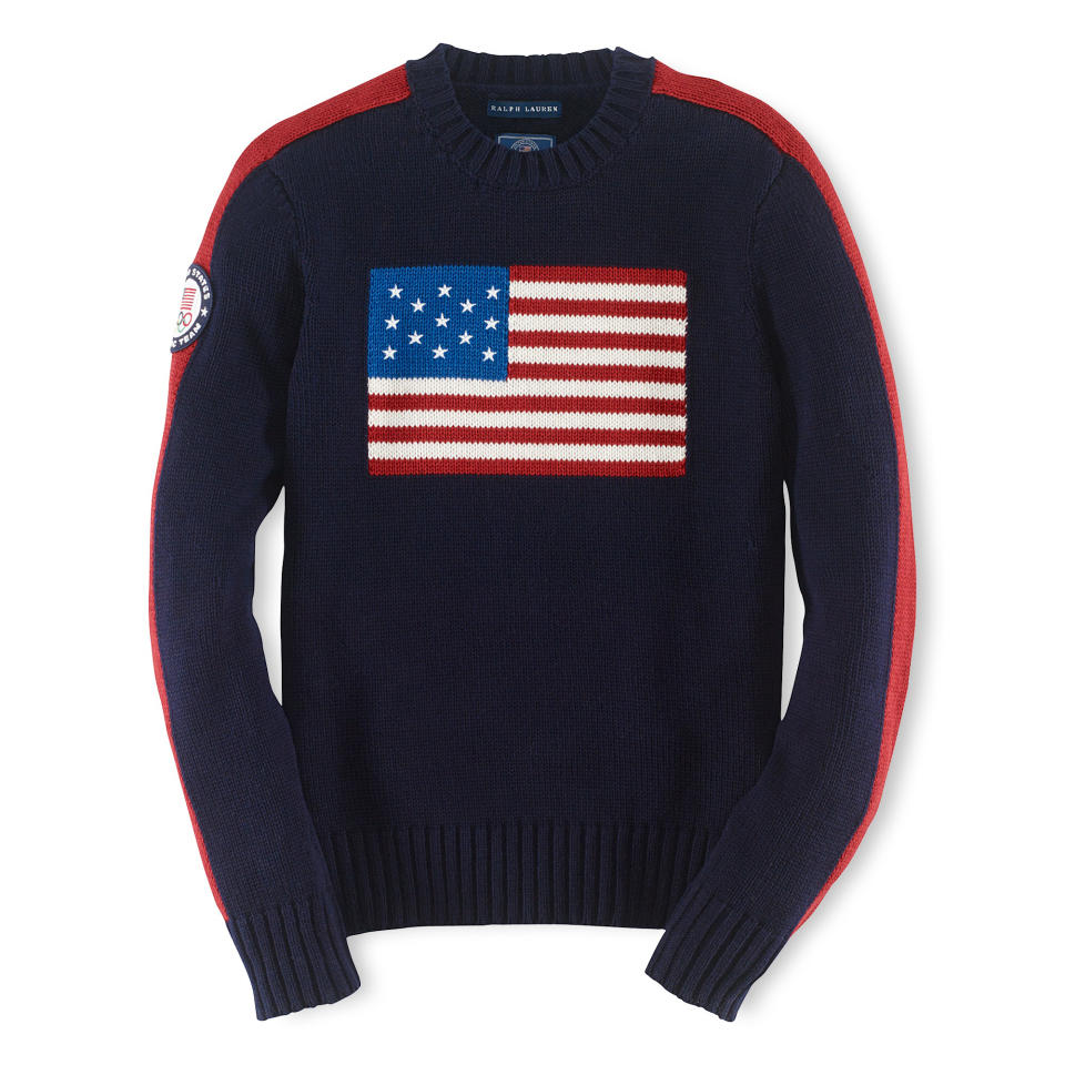 This product image provided by Ralph Lauren shows an American flag sweater, part of the official gear of the U.S. Olympic team. Every article of clothing made by Ralph Lauren for the U.S. Olympic athletes in Sochi, Russia, has been made by domestic craftsman and manufacturers. (AP Photo/Ralph Lauren)