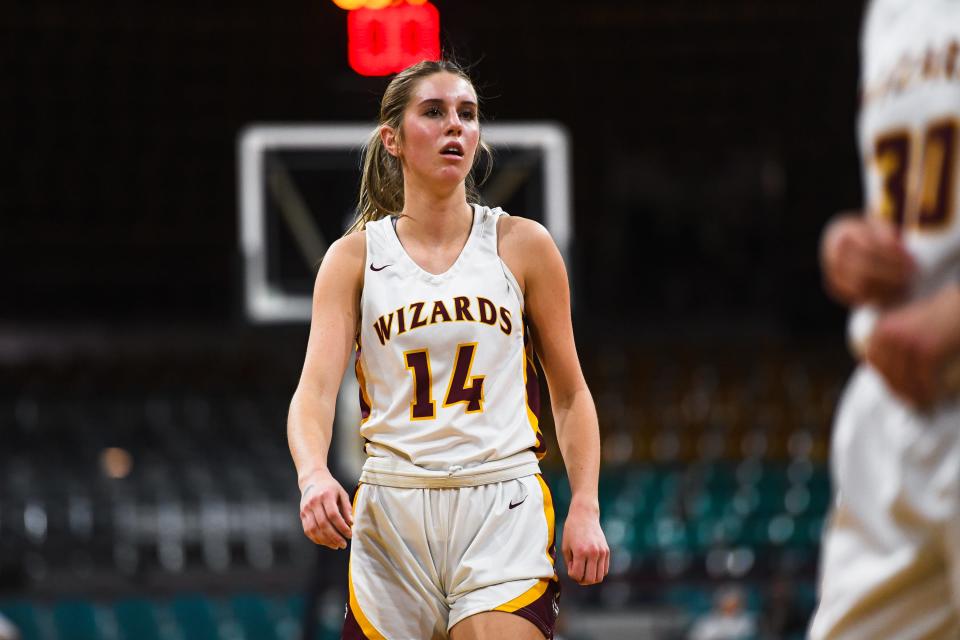 Windsor girls basketball player Brooklyn Jiricek reacts after a play against Mead during the quarterfinals of the Colorado 5A state basketball tournament on March 2 at the Denver Coliseum.