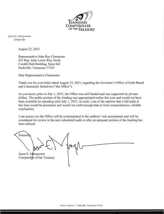 Letter from Tennessee Comptroller Jason Mumpower