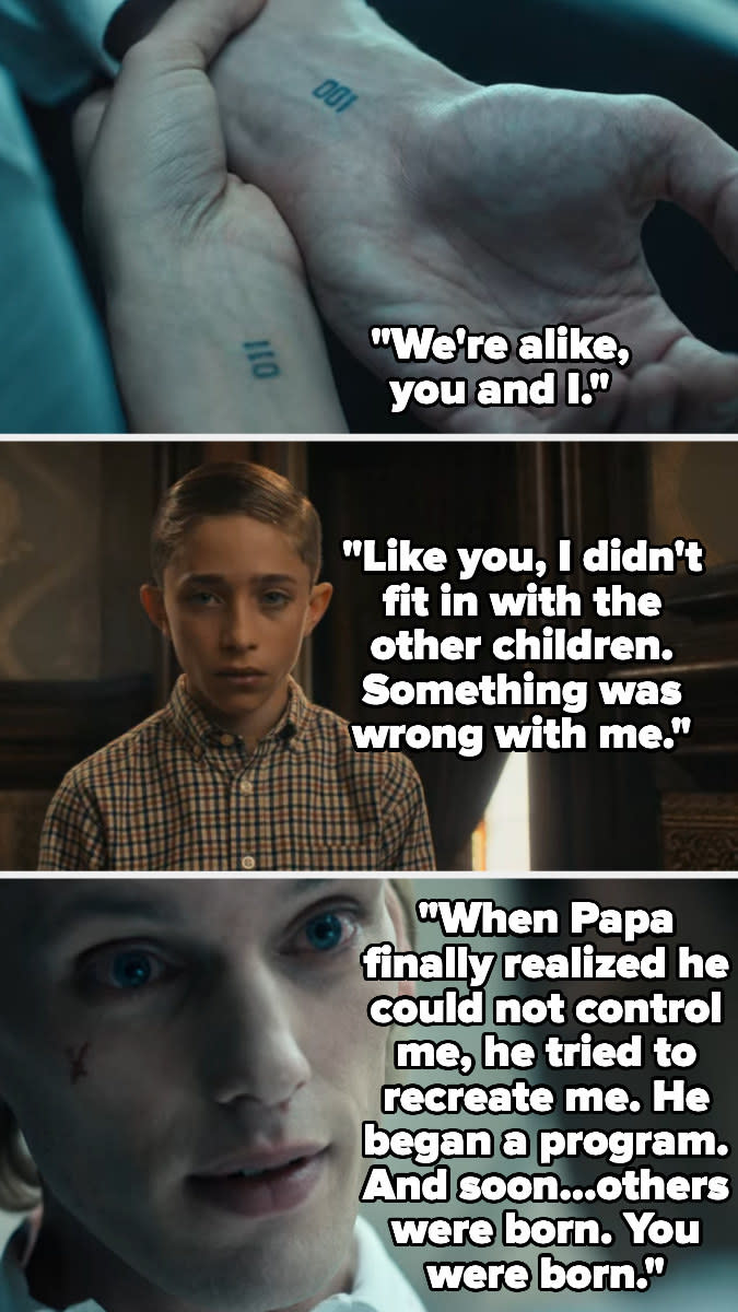 one shows El his 1 tattoo and tells her as a child he didn't fit in, and that when papa realized he couldn't control him, he tried to recreate him and others, like el, were born