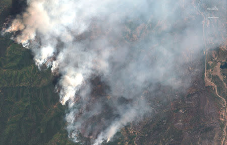 A satellite image shows the 416 Wildfire burning west of Highway 550 and northwest of Hermosa, Colorado, U.S., June 10, 2018. Image captured June 10, 2018. Satellite image ©2018 DigitalGlobe, a Maxar company /Handout via REUTERS
