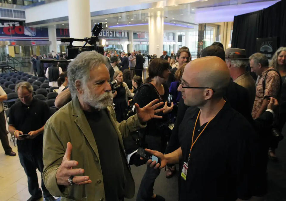 Bob Weir, Grateful Dead singer and guitarist, speaks to Alex Biese, Asbury Park Press staff writer, after the Grateful Dead's induction into the Madison Square Garden Walk of Fame at Madison Square Garden in New York City on May 11, 2015.