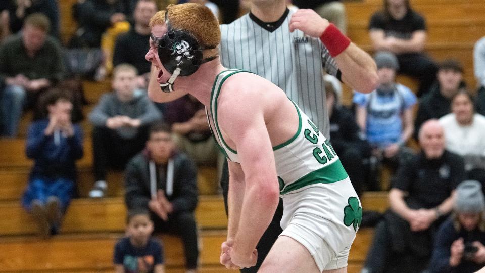 Camden Catholic's Jackson Young celebrates after defeating  Southern's Conor Collins, 3-2, during the 126 lb. championship bout of the Region 7 wrestling tournament at Cherry Hill East High School on Saturday, February 25, 2023.  
