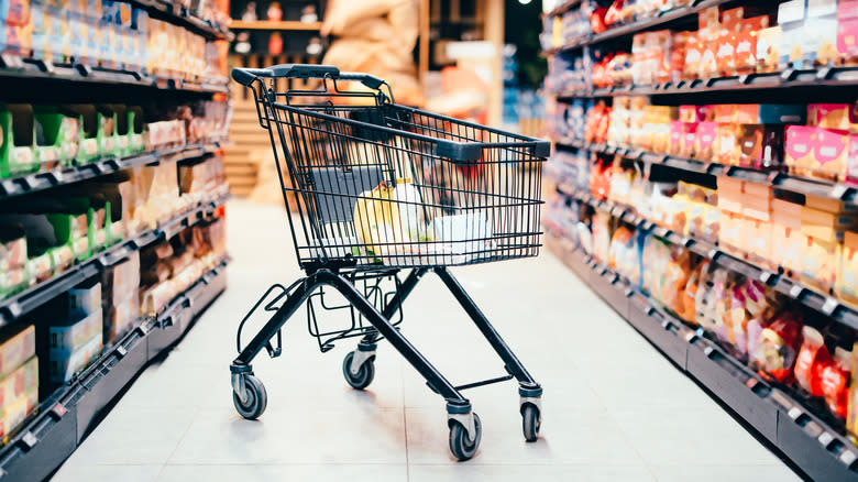 shopping cart in grocery aisle