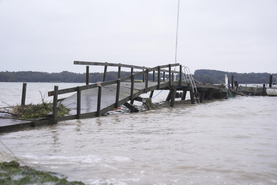 Flooding and storm damage in Sonderballe, Denmark, Saturday Oct. 21, 2023, A storm continued to batter Britain, northern Germany and southern Scandinavia early Saturday with powerful winds, heavy rain and storm surges that caused floods, power outages, evacuations, traffic disruptions. (Claus Fisker/Ritzau Scanpix 2023)