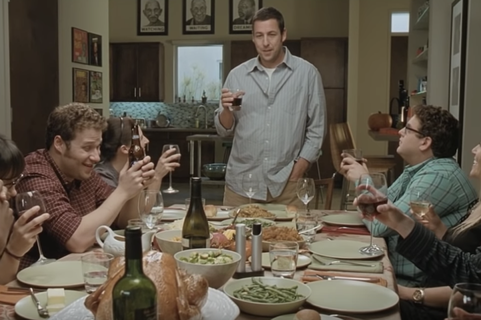 7. Funny People (2009): Adam Sandler gives a touching Thanksgiving toast as George Simmons, a stand-up comedian who has been diagnosed with a likely fatal disease. “It kind of sucks being old, so just enjoy this. Enjoy time. Time slips away, I promise you,” he tells a crowd of younger people, among other bits of wisdom. (YouTube / Universal Pictures)