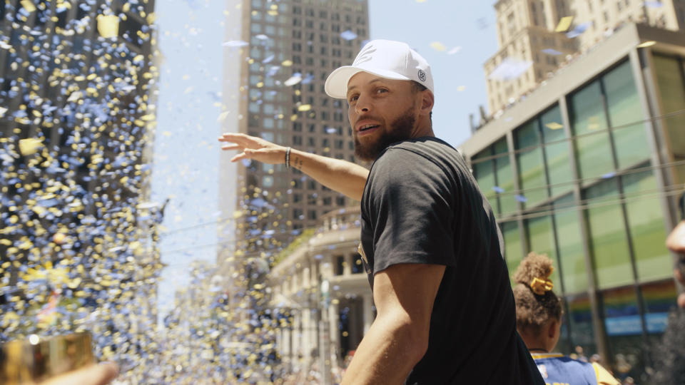 This image released by Apple TV+ shows Stephen Curry in a scene from the documentary "Stephen Curry: Underrated." (Apple TV+ via AP)