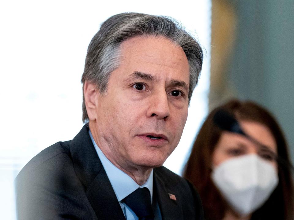 U.S. Secretary of State Antony Blinken speaks during a meeting with Egyptian Minister of Foreign Affairs Sameh Shoukry (not pictured), at the State Department in Washington, U.S., April 13, 2022. Andrew Harnik/Pool via REUTERS