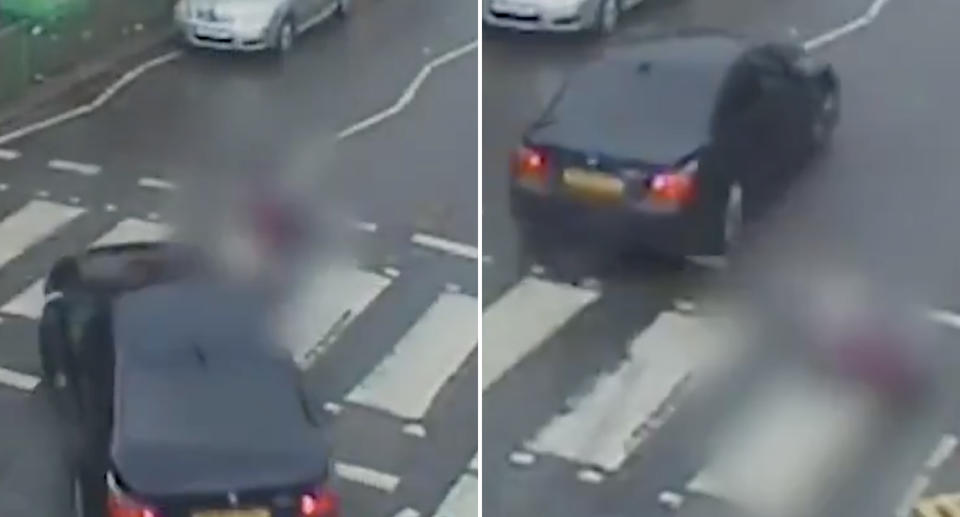 A BMW is pictured in Birmingham knocking over an elderly woman before driving off.