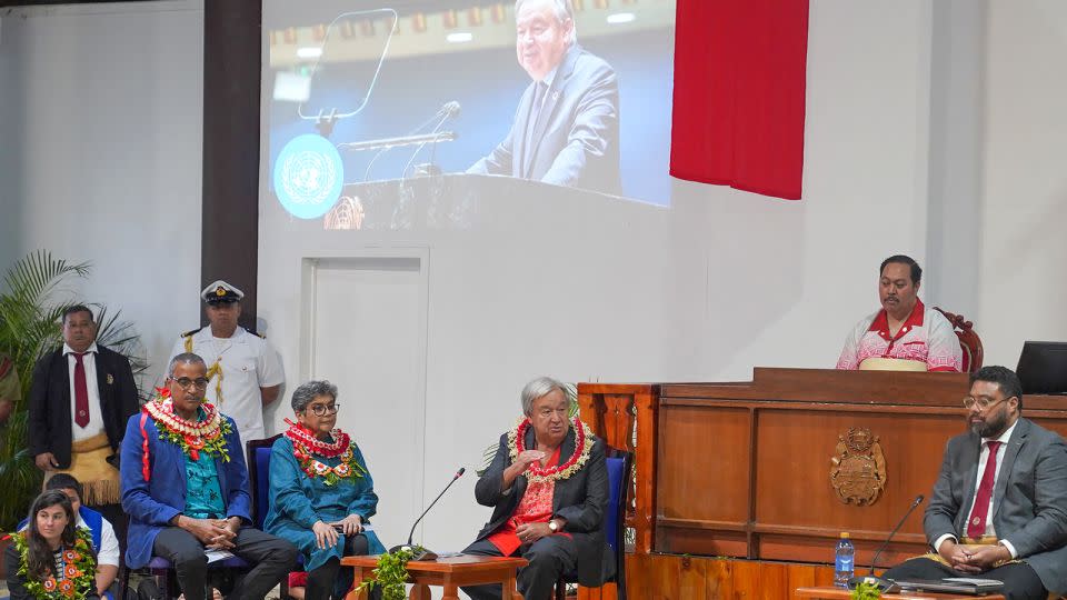 UN Secretary General Antonio Guterres speaks next to Tonga's Crown Prince Tupoutoa 'Ulukalala and Lord Fatafehi Fakafanua, speaker of Tonga's parliament, in Nuku'alofa, Tonga on August 26, 2024. - Katalina Siasau/AFP/Getty Images