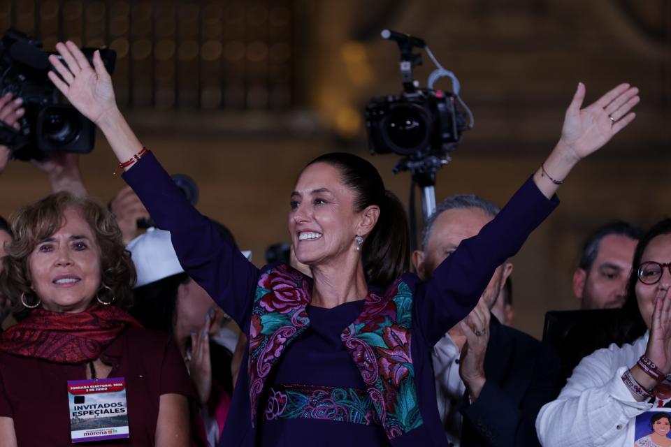 Claudia Sheinbaum greets supporters during a celebration event in Mexico City, capital of Mexico, on June 3, 2024. Mexican climate scientist and former Mexico City mayor Claudia Sheinbaum celebrated her victory in Sunday's presidential elections as the candidate of the Let's Keep Making History coalition.   Sheinbaum, aged 61, will become Mexico's first woman president in its more than 200 years of independence. (Photo by Francisco Canedo/Xinhua via Getty Images)