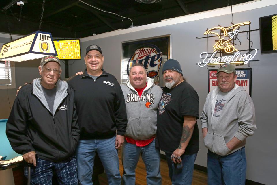 Some longtime customers at Shellukes Bar and Grill include, from left, Denny Barnes (Shelley Hoppes' father); Dave Hoppes, Jeremy Shelley, Jesse Hernandez and Rob Bliss.