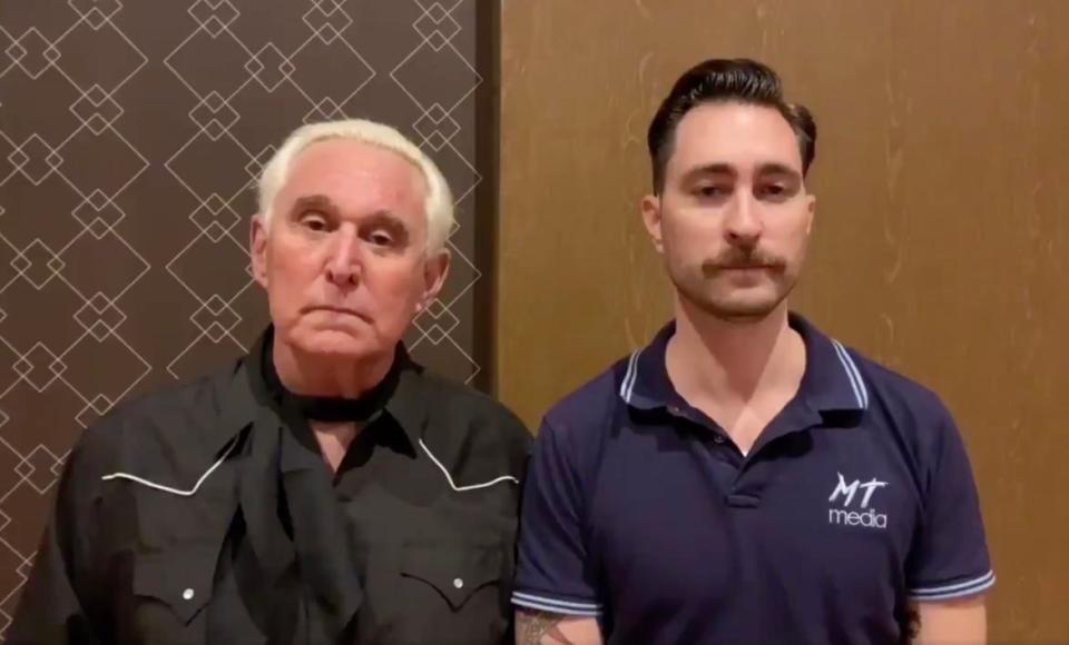 <div class="inline-image__caption"><p>Roger Stone gave his endorsement to Adrian Tam's opponent, Proud Boys leader Nick Ochs.</p></div> <div class="inline-image__credit">via Twitter</div>