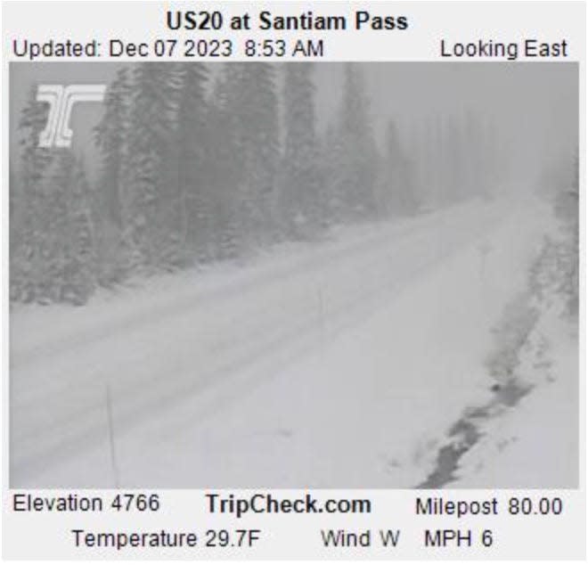 Santiam Pass gets some fresh snow Thursday morning. Driving conditions could be challenging.