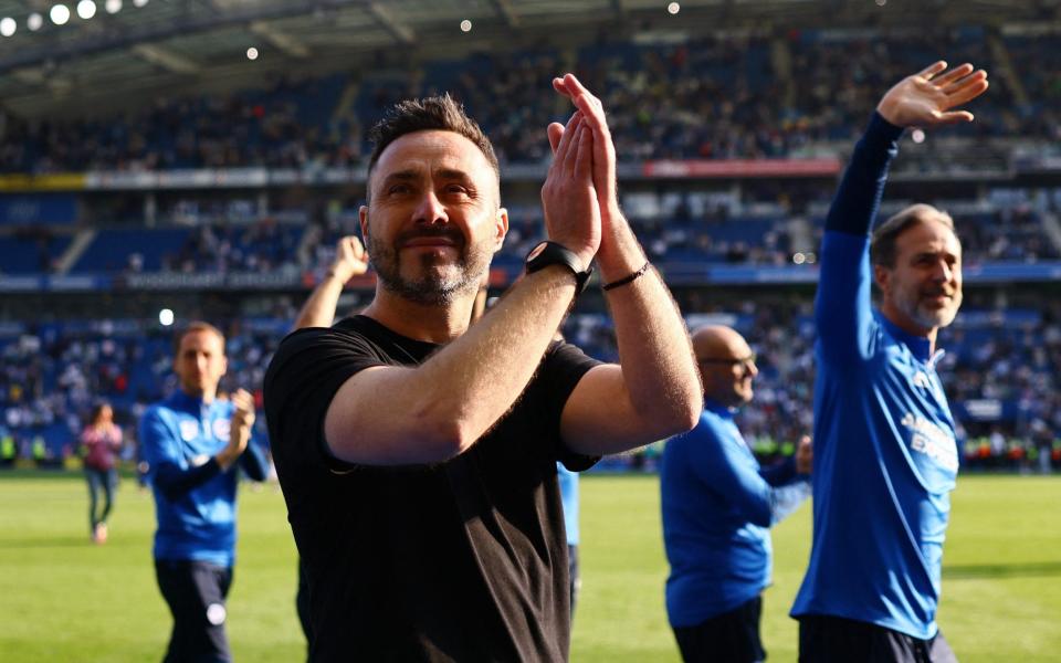 Brighton & Hove Albion manager Roberto De Zerbi acknowledges fans during a lap of appreciation after their last game of the season and his final game as manager of Brighton & Hove Albion
