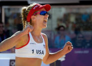 April Ross from the US reacts during the women's Beach Volleyball match against Simone Kuhn and Nadine Zumkher from Switzerland on the Centre Court Stadium in Horse Guards Parade on London on August 3, 2012, for the London 2012 Olympic Games. USA won 2-0. AFP PHOTO / DANIEL GARCIADANIEL GARCIA/AFP/GettyImages