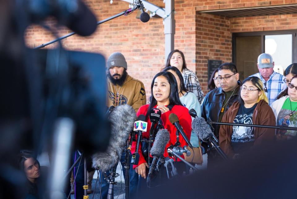 Kimberly Mata-Rubio, mother of Alexandria Rubio, one of the children killed in the 2022 Uvalde mass shooting, speaks to media after DOJ officials detailed failures in the law enforcement response to the 2022 school shooting in Uvalde.