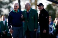 <p>Honorary starters Jack Nicklaus, Arnold Palmer and Gary Player attend the ceremonial tee off to start the first round of the 2016 Masters Tournament at Augusta National Golf Club on April 7, 2016 in Augusta, Georgia. (Photo by Kevin C. Cox/Getty Images) </p>