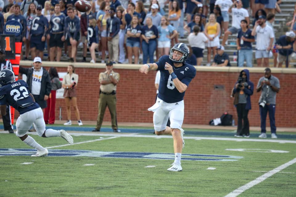 Quarterback Kyle Vantrease (6) threw for 367 yards and four touchdowns in a  59-7 win against Morgan State on Saturday, Sept. 3, 2022  in the season and home opener at Paulson Stadium in Statesboro.