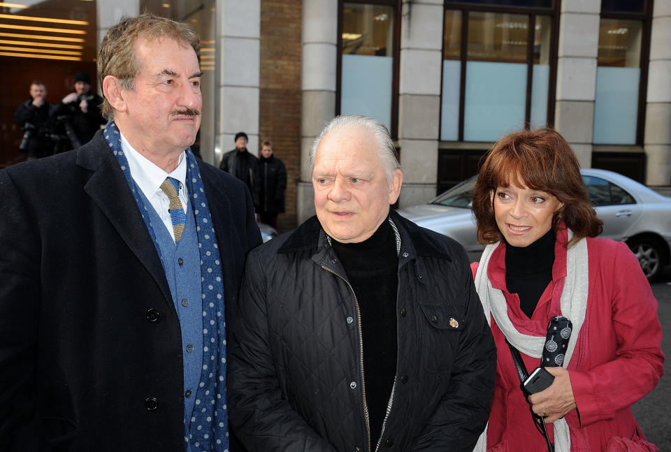 LONDON, ENGLAND - FEBRUARY 13:  (L-R) John Challis, Sir David Jason and Sue Holderness attends the funeral of actor Roger Lloyd-Pack at St Paul's Church on February 13, 2014 in London, England.  (Photo by Danny Martindale/WireImage)