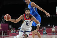 United States's Jayson Tatum (10) drives past Czech Republic's Jan Vesely (24) during a men's basketball preliminary round game at the 2020 Summer Olympics, Saturday, July 31, 2021, in Saitama, Japan. (AP Photo/Eric Gay)