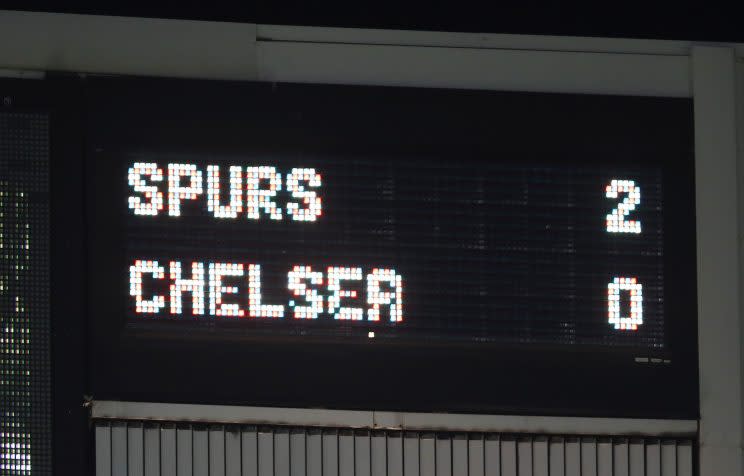 LONDON, ENGLAND - JANUARY 04: The scoreboard during the Premier League match between Tottenham Hotspur and Chelsea at White Hart Lane on January 4, 2017 in London, England. (Photo by Julian Finney/Getty Images)