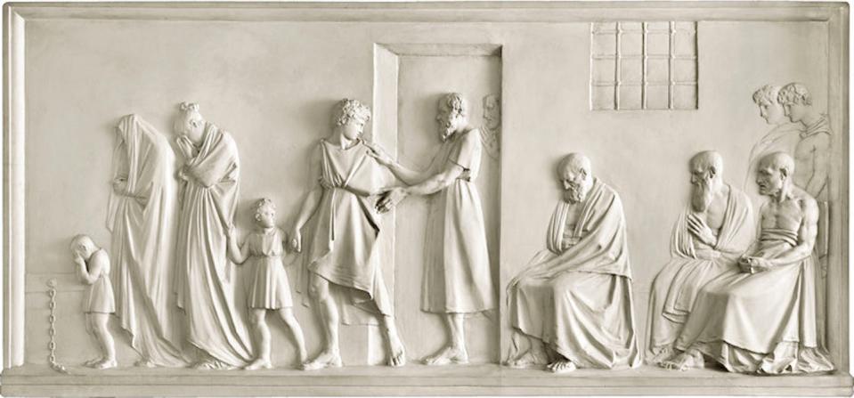 Bajorrelieve de Antonio Cánova en el que <em>Sócrates se despide de su familia</em>. <a href="https://commons.wikimedia.org/wiki/File:Artgate_Fondazione_Cariplo_-_Canova_Antonio,_Socrate_congeda_la_propria_famiglia.jpg" rel="nofollow noopener" target="_blank" data-ylk="slk:Artgate Fondazione Cariplo/Gallerie di Piazza Scala;elm:context_link;itc:0;sec:content-canvas" class="link ">Artgate Fondazione Cariplo/Gallerie di Piazza Scala</a>, <a href="http://creativecommons.org/licenses/by-sa/4.0/" rel="nofollow noopener" target="_blank" data-ylk="slk:CC BY-SA;elm:context_link;itc:0;sec:content-canvas" class="link ">CC BY-SA</a>