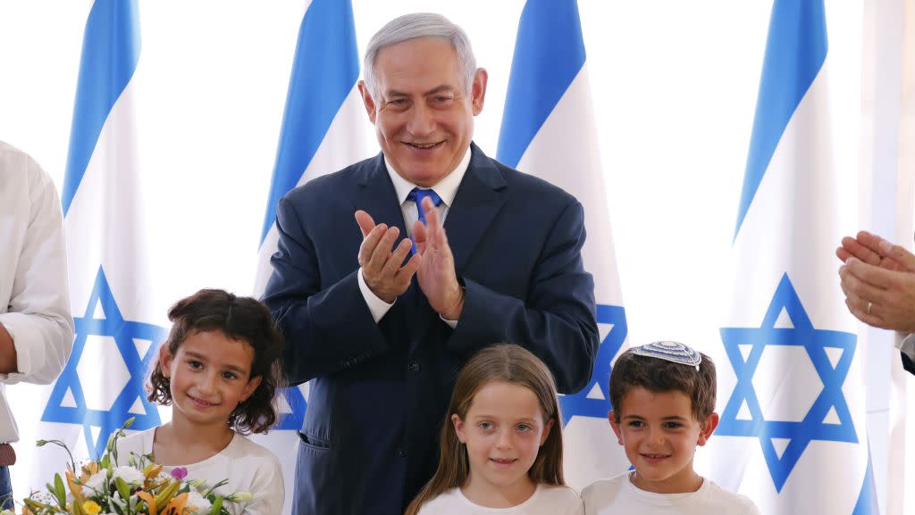 Netanyahu presented with a gift by children in the Jordan Valley. He held a cabinet meeting there last week—and has promised to annex if the area if re-elected.