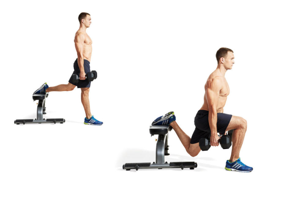 How to do it:<ol><li>Stand lunge-length in front of a bench.</li><li>Hold a <a href="https://www.yahoo.com/lifestyle/11-best-adjustable-dumbbells-home-010025583.html" data-ylk="slk:dumbbell;elm:context_link;itc:0;sec:content-canvas;outcm:mb_qualified_link;_E:mb_qualified_link;ct:story;" class="link  yahoo-link">dumbbell</a> in each hand and rest the top of your left foot on the bench behind you.</li><li>Lower your body until your rear knee nearly touches the floor and your front thigh is parallel to the floor. </li></ol>Target areas:<ul><li>calves</li><li>quads</li><li>glutes</li><li>hamstrings</li><li>hip flexors</li></ul>Pro tip:<p><a href="https://www.mensjournal.com/health-fitness/never-squat-again-single-leg-training-serious-strength/" rel="nofollow noopener" target="_blank" data-ylk="slk:Single-leg training;elm:context_link;itc:0;sec:content-canvas" class="link ">Single-leg training</a> can yield serious strength gains. Keep your dip shallow for more emphasis on the quads, and deepen it for more emphasis on working the glutes.</p>Variation:<p>This move can be done with or without weights. For beginners, try starting by interlocking your fingers behind your head. Then transition to holding a medicine ball before moving to dumbbells or kettlebells.</p>