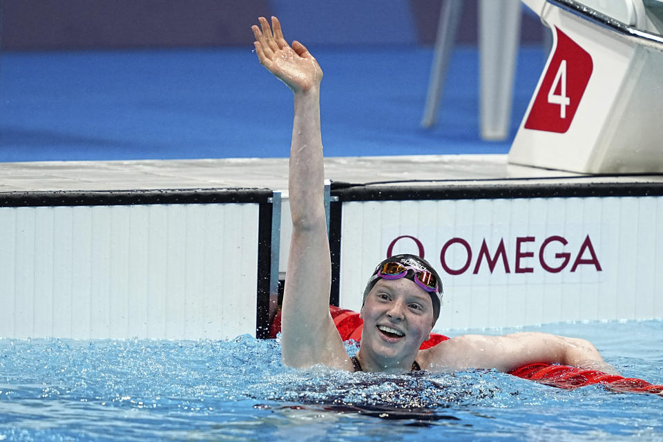 Olympics women’s 100m breaststroke final at Tokyo Aquatics Centre. Lydia Jacoby from the USA celebrates her first place win. (Michael Kappeler/picture-alliance/dpa/AP Images) - Credit: Michael Kappeler/picture-alliance/dpa/AP Images
