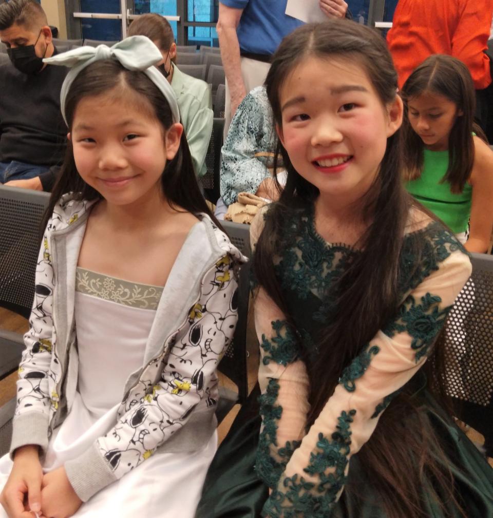 Evangelina Wu and Queenie Chen await their turn at the Steinway Society of Riverside County's 2022 Festival Winners Concert on May 13, 2022.