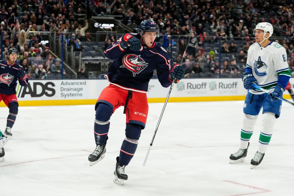 Jan 15, 2024; Columbus, Ohio, USA; Columbus Blue Jackets right wing Yegor Chinakhov (59) celebrates a goal during the first period of the NHL hockey game against the Vancouver Canucks at Nationwide Arena.