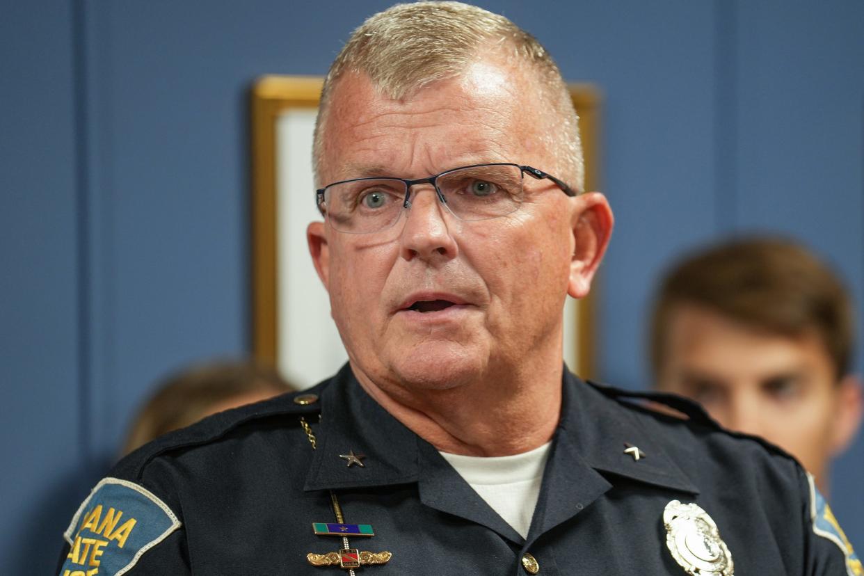 Indiana State Police Superintendent Douglas Carter speaks on Wednesday, Aug. 17, 2022, at the government center in Anderson, Ind., during a press conference.