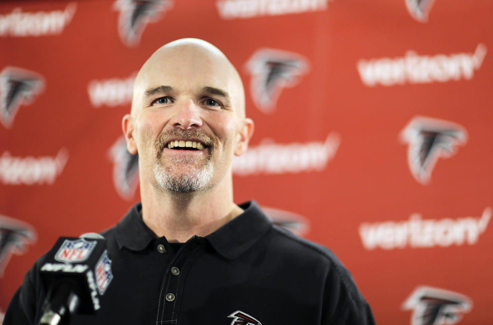 Atlanta Falcons head coach Dan Quinn answers questions at the football team's practice facility in Flowery Branch, Ga., Monday, Jan. 23, 2017. The Falcons will play the New England Patriots in the Super Bowl on Sunday Feb. 5. (AP Photo/David Goldman)