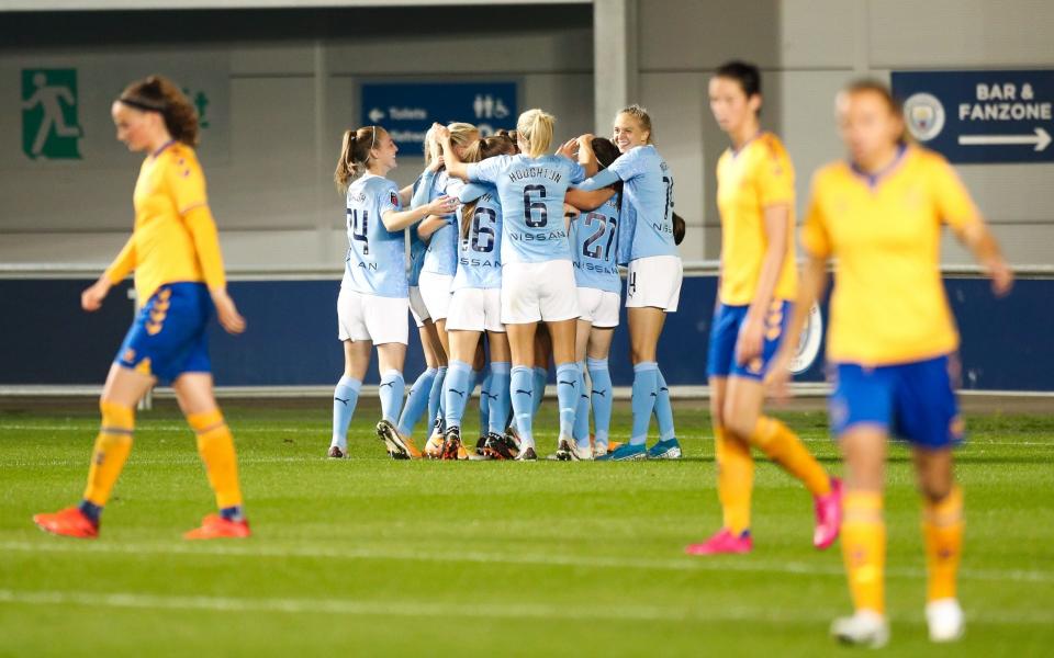 Rose Lavelle of Manchester City celebrates with teammates after scoring the equalising goal to make the score 1-1 during the FA Women's Continental League Cup match between Manchester City and Everton at Manchester City Football Academy on October 07, 2020 in Manchester, England. - GETTY IMAGES