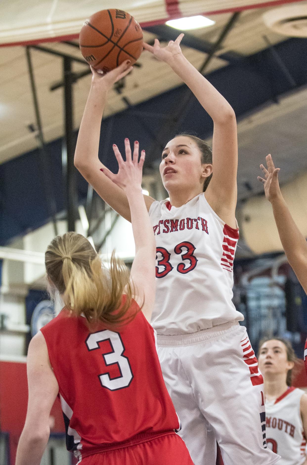 Kylie Swider, in action here during a 2017 game when she played for Portsmouth High, will complete her college eligibility at Stonehill College.