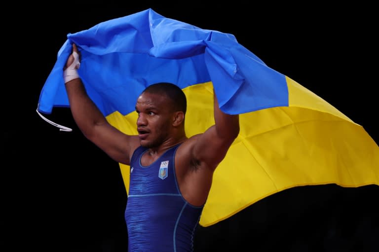 L'Ukrainien Zhan Beleniuk champion olympique de lutte catégorie des 87 kg, le 4 août 2021 à Tokyo (Jack GUEZ)