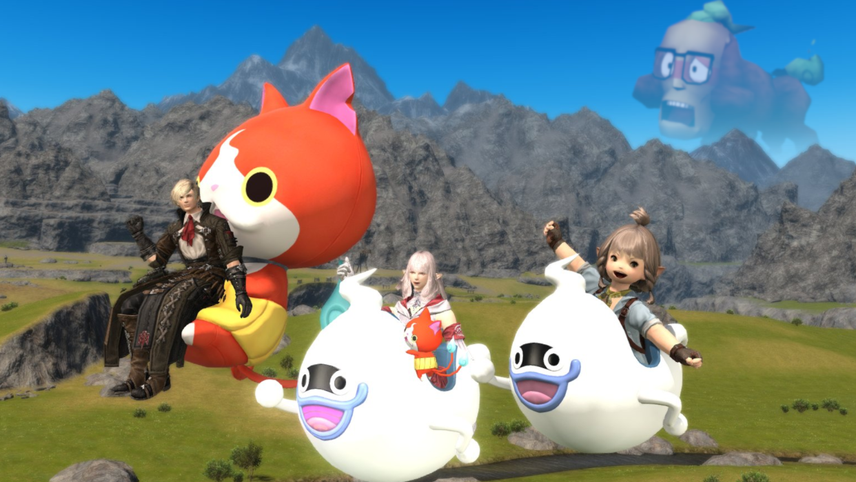  A screenshot of mounts featured in the upcoming Yo-kai watch event, with a manjimutt terrifyingly edited into the background. 