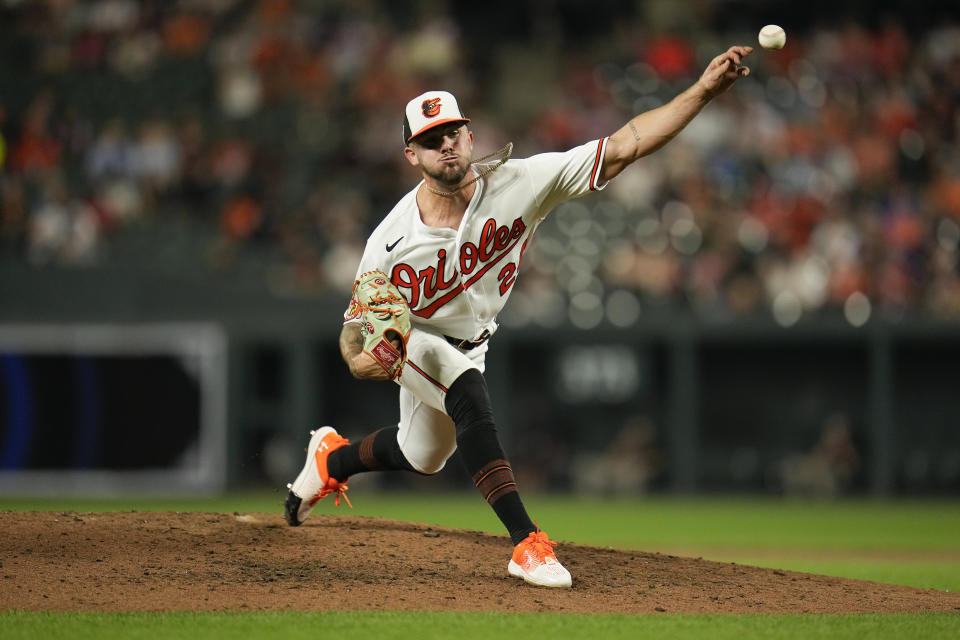 Baltimore Orioles relief pitcher DL Hall throws to the St. Louis Cardinals in the fifth inning of a baseball game, Monday, Sept. 11, 2023 in Baltimore. (AP Photo/Julio Cortez)