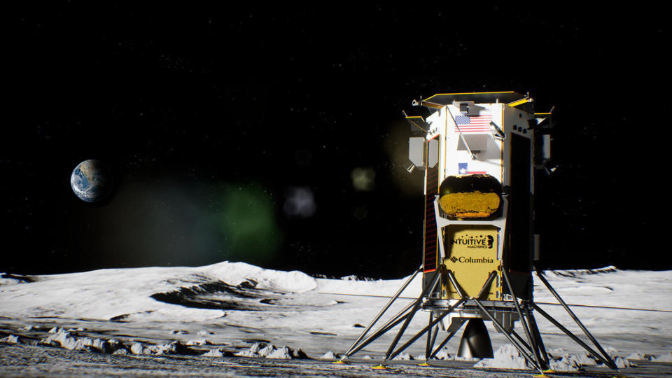 An artist's impression of the Odysseus landing in the expected vertical orientation after touchdown. Engineers say the spacecraft actually tipped over during landing, leaving it resting on its side. / Credit: Intuitive Machines