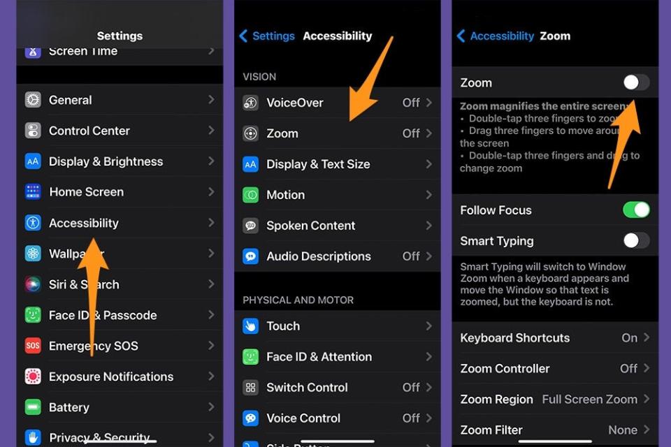 The iOS Settings app, showing how to activate Zoom.