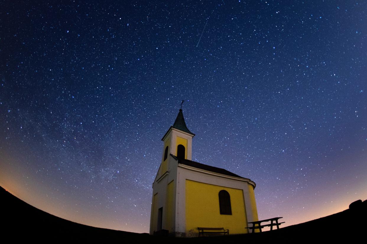 NIEDERHOLLABRUNN, AUSTRIA - APRIL 21: The Lyrids meteor shower streaks across the sky on April 21, 2020 over Austria in Niederhollabrunn, Austria. The annual display is caused by the Earth passing through a cloud of debris from a comet called C/186 Thatcher.