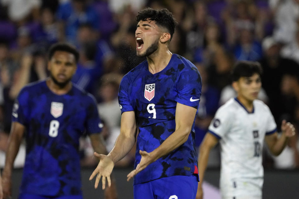 United States forward Ricardo Pepi (9) reacts after missing a shot on goal against El Salvador during the second half of a CONCACAF Nations League soccer match Monday, March 27, 2023, in Orlando, Fla. (AP Photo/John Raoux)