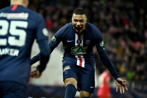 Paris Saint-Germain forward Kylian Mbappe celebrated after scoring in his side's French Cup win against Dijon in the quarter-final