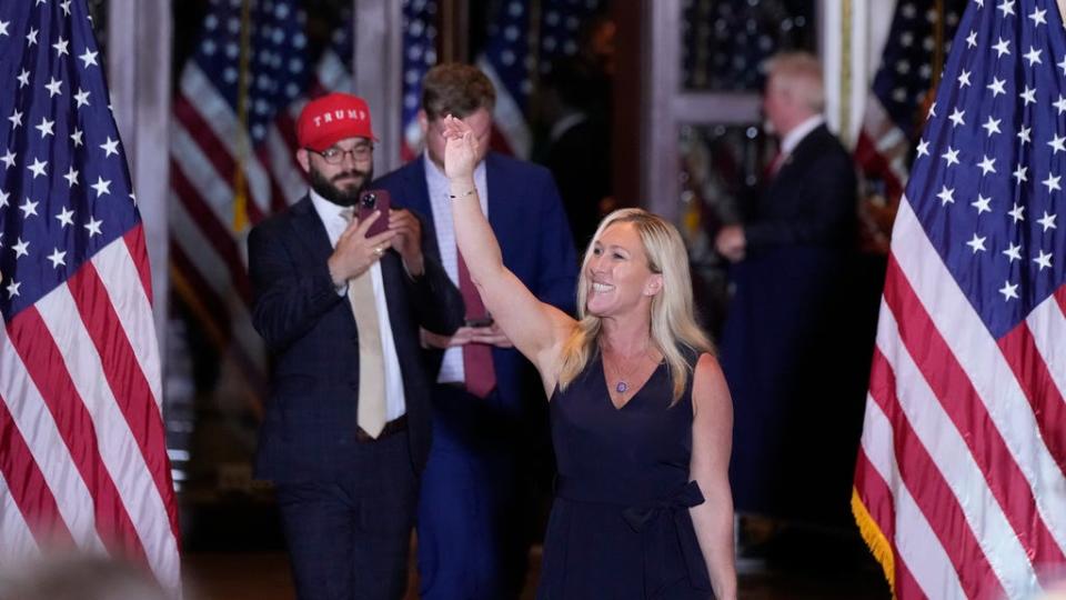 Rep. Marjorie Taylor Greene, R-Ga., before former President Donald Trump speaks at his Mar-a-Lago estate hours after being arraigned in New York City, Tuesday, April 4, 2023, in Palm Beach, Fla.